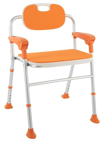 LUNICASHA Duschstuhl für Senioren mit Lehne, Klappbar Duschhocker mit Armlehnen, Duschsitz mit Armlehnen und Rückenlehne, Höhenverstellbar Badestuhl für Senioren,Tragfähigkeit von 125 kg, Orange