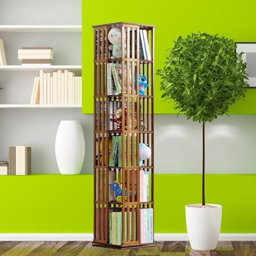 ELIKBH Rotating Bookshelf 6 Tier Storage Bookcase 360° Rotating Floor Shelf Tower Rotating CD/DVD Storage Cabinet for Living room (Color : Brown, Size : 6layer)