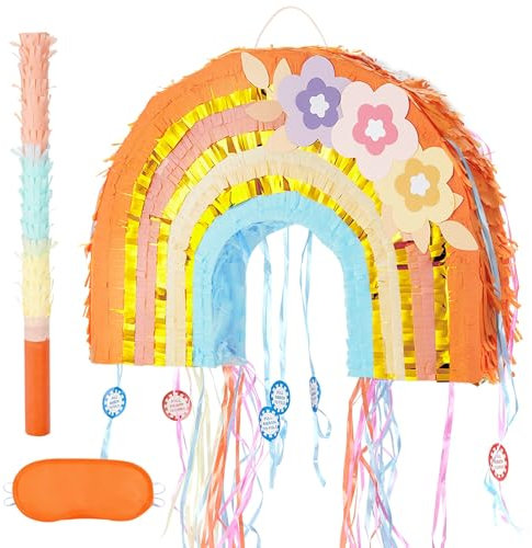 WERNNSAI Regenbogen Pinata - Boho Regenbogen Pinata mit Augenbinde und Stock für Mädchen Geburtstag Party Dekoration Kinder Partyspiel Babyparty Kinder Geburtstag Hängedekoration
