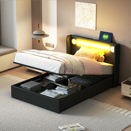 BLUON HOME Polsterbett Kinderbett 90x200 Bett mit LED-Lichtleiste, Bluetooth-Player und USB-Aufladung, PU-Leder-Aufbewahrungsbett, Hochbettkasten, Jugendbett mit Lattenrost