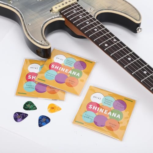 Gitarrensaiten für E-Gitarre, 3 Stück, vernickelter Stahl mit hohem Kohlenstoffgehalt, langlebiger glänzender Ton und angenehmes Gefühl, Set mit 6 Saiten (9/42)