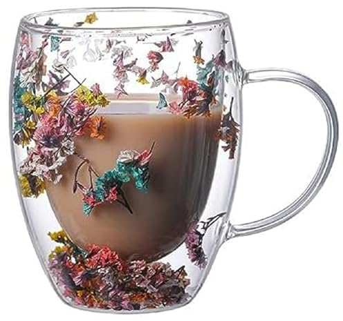 Dry Flower Double Walled Glass Coffee Mug | 350ml Creative Clear Glass Cup with Handle, Insulated Heat-Resistant Mug for Hot & Cold Beverages, Gift for Women (D)