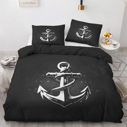 ZaopVrynx Bettwäsche 200x220 Anker Bettwäsche für Erwachsene, Warm Weich Wendebettwäsche Segelboot Nautische Navigation Bettwäsche-Set 3 Teilig Bettbezug mit Reißverschluss 2 Kissenbezügen