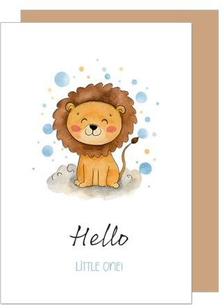 Edition Seidel Tarjeta de felicitación de nacimiento premium con sobre, tarjeta de felicitación para bebé, tarjeta de felicitación para bebé Billet Hello Little One Baby Boy Niña Niño León (E291