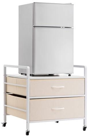 VEVOR Supporto per Mini Frigo su Ruote Porta Frigo con Capacità di Carico di 80 kg, Tavolo per Mini Frigo con 2 Cassetti e 4 Ruote Girevoli, Ripiano Mobile per Frigo per Dormitorio Ufficio Bianco
