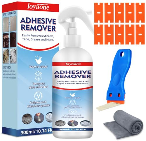 Adhesive Remover 300ml, Surface-Safe Formula with Plastic Scraper Tool, Sticker Remover Spray for Cars, Glass, Walls, Fast-Acting Cleaner for Labels, Decals, Tape, Residue and Stubborn Stains