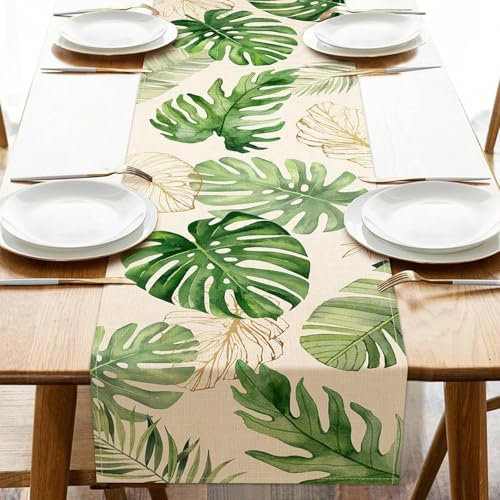 Chemin de Table d'Été Hawaïen Tropical Chemin de Table Estival Décoration de Table été avec Motifs Feuilles de Palmier pour Cuisine et Salle à Manger, Décoration d'Intérieur