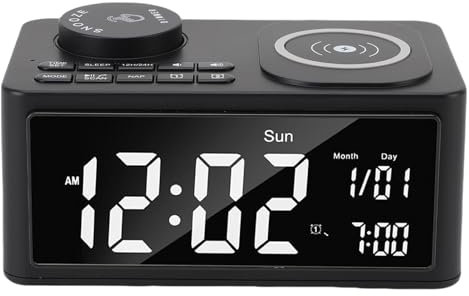 LICAEVEY Radio de Reloj de Alarma de Carga Inalámbrica 3 en 1 con Altavoz Bluetooth, Cargador Rápido de 15W, Alarmas Duales, Radio FM y Micrófono Incorporado para (Enchufe de la UE)