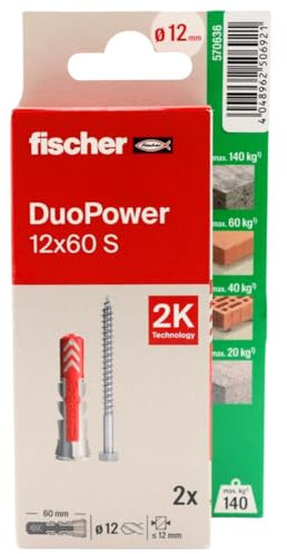fischer - Duopower 12 x 60 avec vis - 2U, chevilles murales multi-matériaux, pour accrocher des vélos, des cadres, des armoires, des supports de télévision, des étagères, des meubles.