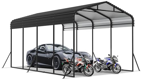 XMTECH Carport Metall 6000x370x260 cm - Pulverbeschichtete Stahlkonstruktion, farbiges Stahlblech Dach, korrosionsbeständig, wetterfeste Überdachung für Auto und Motorrad, Schwarz