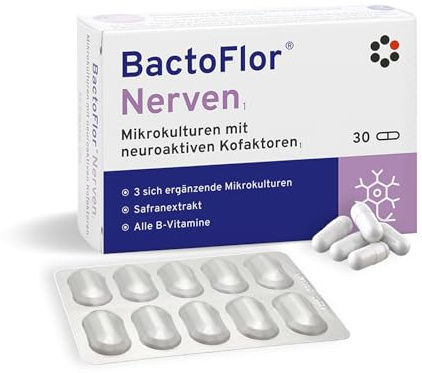 BactoFlor Nerven Kapseln, 3 Mikrokulturen, Safran, alle 8 B-Vitamine, 30 St | Darm-Hirn-Achse Formel, Biotin, B6 und B12 tragen zu einer normalen Funktion des Nervensystems und der Psyche bei, 12 Mrd KbE