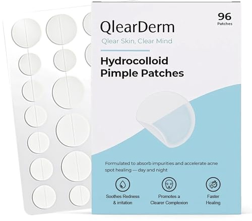 QlearDerm Pimple Patches – 96 Hydrocolloid Acne Spot Dots, 4 Sizes – Invisible, Fast-Acting Blemish Cover for Clearer Skin – Vegan & Cruelty-Free