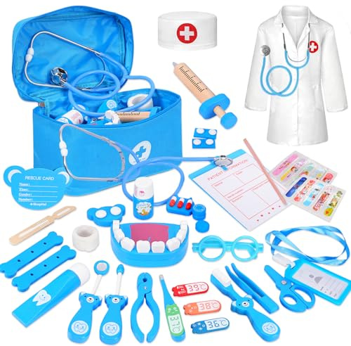 ZUSUZU Malette Docteur Enfant,Jouet Fille 3 Ans 46 Pièces Kit de Médecin Jouets Déguisement de Docteur avec Stéthoscope Fonctionnel, Complètes et Sac de Rangement,Cadeau Enfant 3 Ans en Bois - Bleu