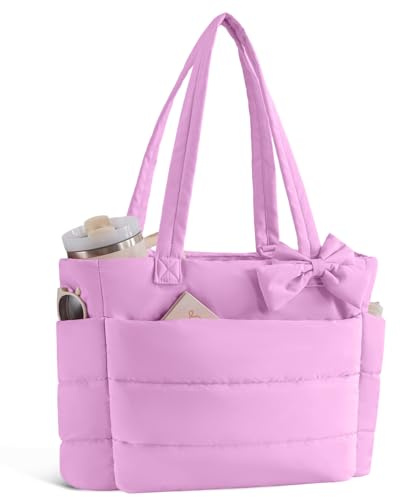 CTWWFS Puffer Tote Bag for Women, Quilted Bow Tote Bag with Cup Holder & 15.6 In Laptop Compartment for Work, Travel, Gym, College (Purple)