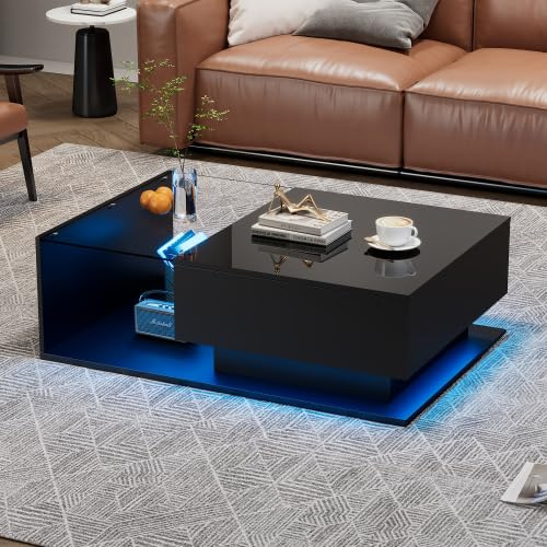 Merax Table basse haute brillance avec verre et tiroir, table de salon & table d'appoint, meuble de salon moderne, table basse, table basse réglable en hauteur