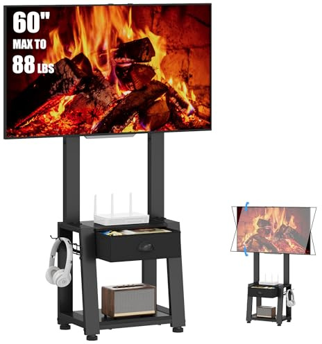 JKsmart Rolling TV Stand on Wheels for 23-60 Inch Flat Curved Screen TVs, Mobile TV Cart Height - Adjustable with Shelf/Tray, Portable TV Stand Holds up to 55 lbs