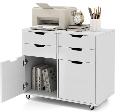 FANTASK Rollcontainer, Aktenschrank auf Rollen mit 4 Schubladen und 2 Türen, Bürocontainer, Druckertisch für Dokumente in DIN A4-, Letter-Format, Legal-Format (Weiß)