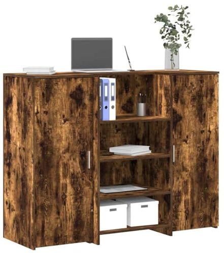 Zeehear Empfangstheke Räuchereiche 135x50x103,5 cm, Holzwerkstoff, mit integriertem Tresen, viel Stauraum, für Büro, Praxis, Salon, langlebig