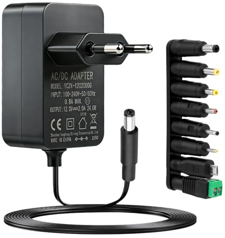 12V 2A Transformateur Alimentation 5,5 x 2,1mm avec 8 Connecteurs Chargeur Adaptateur pour 6V 2000 1500 1000 500mA Tensiomètre Numérique LED Caméra CCTV Routeur Jouet Convertisseur