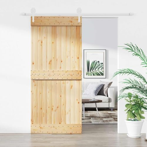 Mangloder - Porta scorrevole in pino massiccio bianco naturale, 90 x 210 cm, porta scorrevole per stanza, casa, appartamento, corridoio e ingresso, con binario, accessori di montaggio, salvaspazio