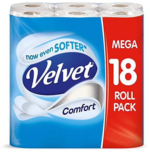 VELVET Comfort Toilet Paper Bulk Buy, 18 White 2ply Toilet Tissue Rolls