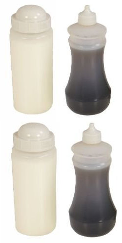 Two Traditional White Fish and Chip shop Salt Shakers (500mls) and Two Vinegar Bottles (375mls)