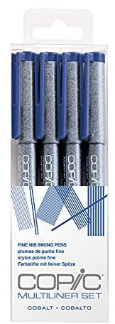 COPIC Multiliner Set, Cobalt, 4 Fineliner in verschiedenen Strichstärken, Zeichen Stifte mit einer feinen Spitze und wasserbeständiger Pigmenttinte