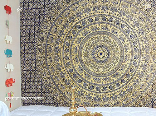 Popular Handicrafts Kp774 Elefant-Wandteppich, Wandbehang, Hippie-Mandala-Wandkunst, Metallischer Glanz, 215 x 230 cm, Gold auf Blau
