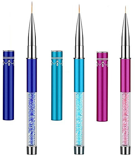 Lot de 3 stylo-pinceaux, pour décoration des ongles (taille 7 mm, 9 mm, 11 mm) avec manche décoré de strass, pour salon, poils en nylon