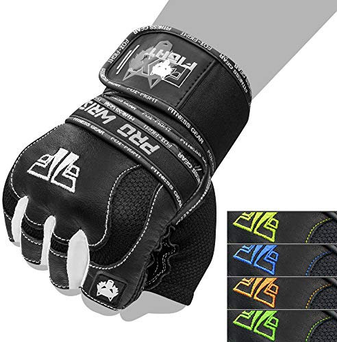 FOX-FIGHT Fitnesshandschuhe Trainingshandschuhe Kraftsport Damen Herren Leder Handschuhe Bodybuilding Sporthandschuhe mit Handgelenkbandage für Krafttraining Gewichtheben L PRO Wrist Black