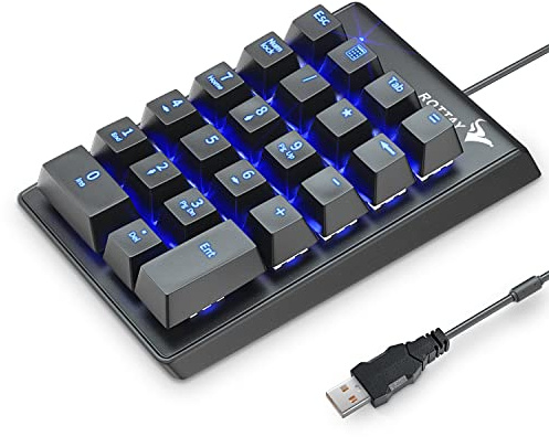 Rottay Number Pad, Mechanical USB Wired Numeric Keypad with Blue LED Backlit 22 Key Numpad for Laptop Desktop Computer PC Black (Blue switches)