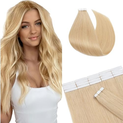 SEGO Echthaar Tape in Extensions Haarverlängerung Invisible Seamless Haarteile Skin Weft Menschenhaarverlängerung Klebestreifen Mittelblond#24 35 cm (20 Stück)
