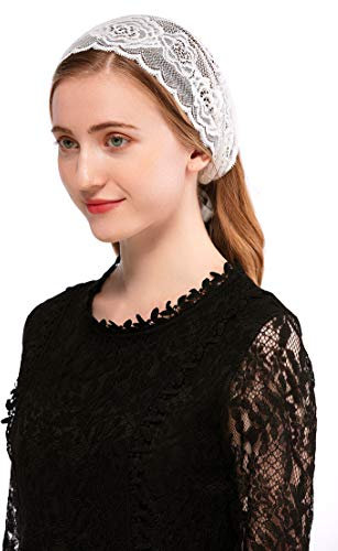 PAMOR Rosen-Spitzen-Stirnband, Kopftuch, Krawatten-Stil, florales Kopftuch, lateinische Masse, Kopfbedeckung, Kirchenschleier mit Haarnadeln, Weiss/opulenter Garten, 1 Count (Pack of 1)