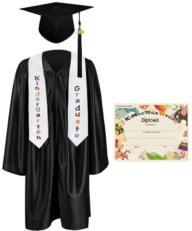 GraduationMall Kinder Abschluss Talar mit Doktorhut 2025, Abschluss Stola, Zertifikat Für Vorschule Abschlussfeier Schwarz 30(115-122cm)