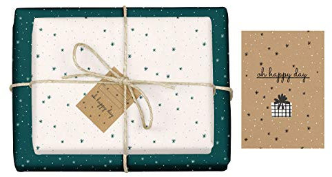 dabelino® Geschenkpapier Set Sterne (petrol-grünblau/cremefarben): 4x Bögen, 4x Anhänger + 1x Karte (Öko Recycling-Papier, nachhaltig, Weihnachten, Geburtstag, zur Geburt, für jeden Anlass)