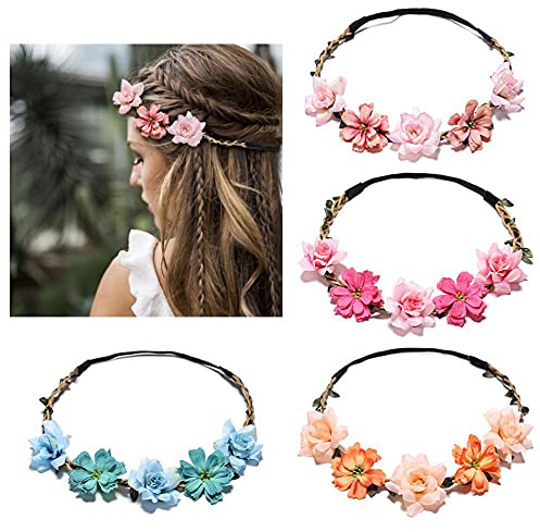 Pannband blommor, blommor pannband 4-pack blomkrans ros hawaiian luau blomma havsblomma krans med justerbara elastiska