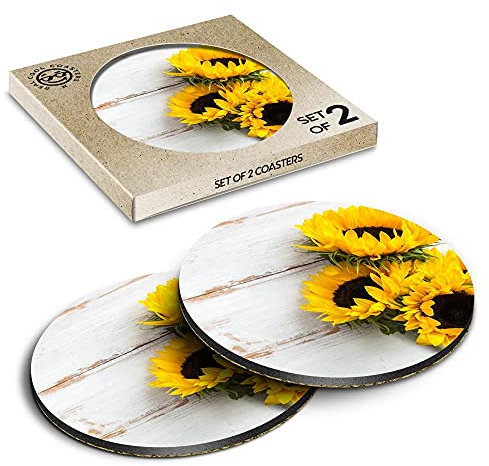 2 x Eco Boxed Cork Coasters - Sunflower Pretty Yellow Flowers Drink Cup Mug Glass Table Mat #14826