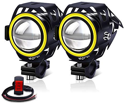 YnGia 2 piezas U7 luz antiniebla de conducción de motocicleta con halo ámbar, impermeable para motocicleta auxiliar DRL faros delanteros LED con interruptor de 3 cables 12V 24V para moto quad scooter