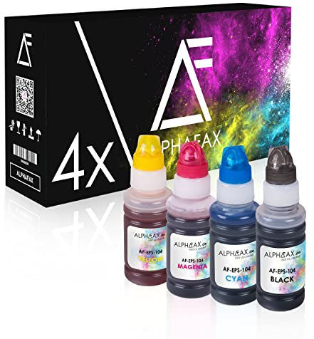 4x Alphafax Tintenpatronen kompatibel für Epson EcoTank 104 je 65ml geeignet für ET-2710 ET-2711 ET-2712 ET-2714 ET-2715 ET-2720 ET-2721 ET-2726 ET-2810 ET-2811 ET-2812 ET-2814 ET-2815 ET-2820 ET-2821