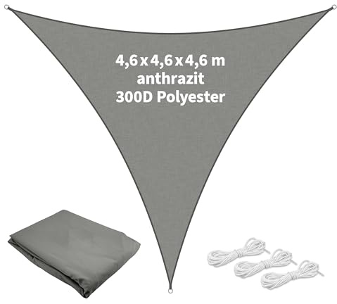 TTL GARDEN 4,6x4,6x4,6m Sonnensegel Dreieck gleichseitig anthrazit 160g/m² | - Premium Polyester 300D 93% Abschattung - Sonnenschutz & Wetterschutz für Garten, Balkon & Terrasse, mit 3X Schnur 1,5m