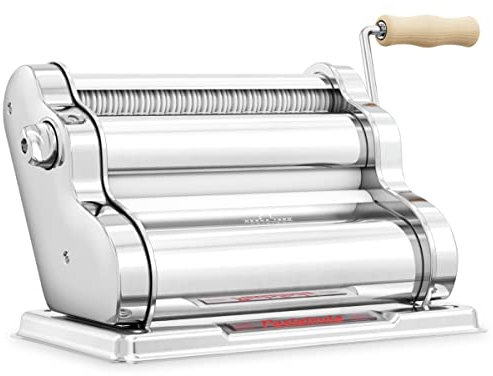PASTALINDA Nudelmaschine Classic 260, 26 cm breite Walzen, 9 Stärkepositionen, 2 Schnittpositionen, Edelstahl Inklusive verstärkter Handkurbel und zwei Klemmen (Chrom)