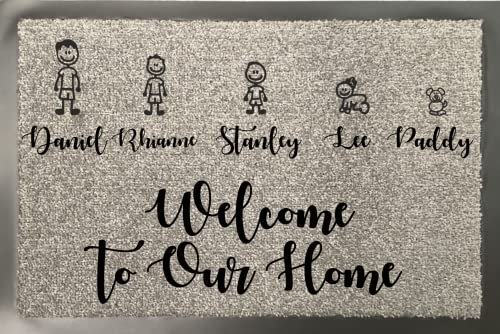 One of Kind UK Personalised Personalised Grey Door Mat 40x60cm – Custom Stick Figure Family Welcome Mat with Names Non Slip Rubber Back, Machine Washable Nylon, Indoor Doormat, Hallway, Bathroom