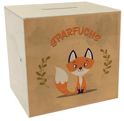 Spardose aus Holz mit süßem Fuchs Motiv und Spruch - Sparfuchs als niedliche Geschenkidee zur Einschulung für Kinder oder für Eltern die auf ausgefallene Dekoration Stehen