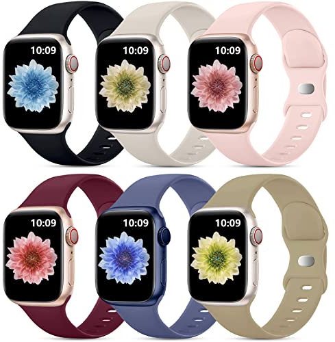 Upeak 6 Pack Correas Compatible con Correa Apple Watch 40mm 38mm 41mm para Hombre y Mujer, Pulsera de Repuesto de Silicona Suave para iWatch Ultra SE Series 9 8 7 6 5 4 3 2 1, S, Color Claro 2