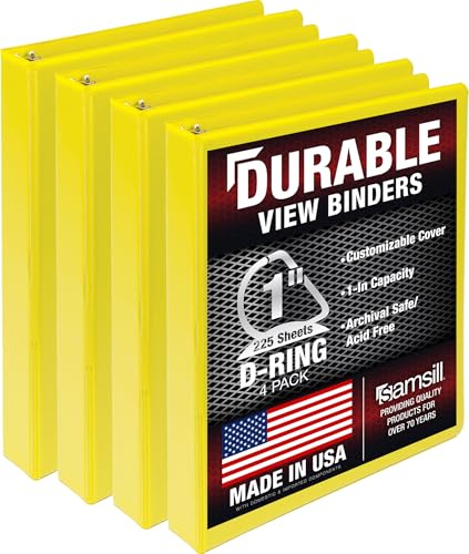 Samsill Durable 2,5 cm 3-Ringbuch, hergestellt in den USA, D-Ringbuch, 100% recycelte FSC-Spanplatte, Gelb, 4 Stück