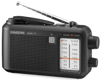Sangean MMR-77. Radio Am/FM de Emergencia con Varias Opciones de alimentación. Alimentación por dínamo/batería/Adaptador de CA. Dial de sintonización retroiluminado. Indicador LED de Carga