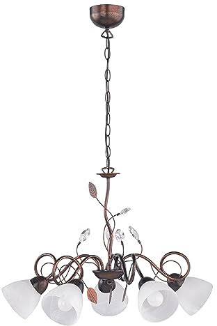 lightling Theresa Pendelleuchte, Kronleuchter rostfarben antik, 5-flammig, Schirme aus Glas in weiß alabaster, exkl. 5 x E14 max 40 Watt Leuchtmittel, Höhe: 150 cm