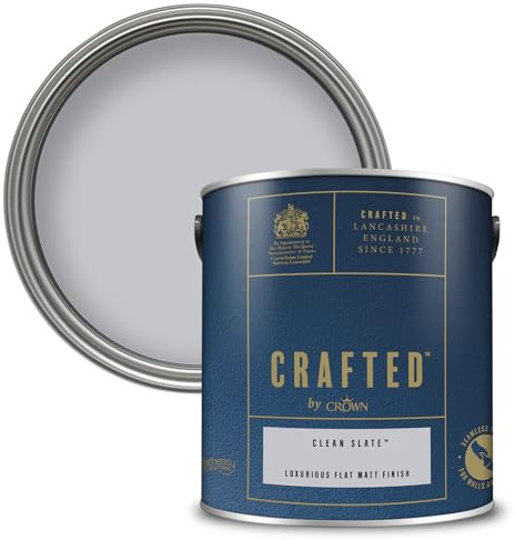 Crown CRAFTED Clean Slate Matt Emulsion Grey Paint 2.5L | Light Grey velvety flat matt finish for interior walls, ceilings & wood. Soft to touch, hides imperfections, low VOC