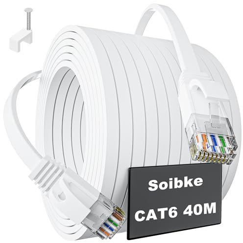 Soibke Cable Ethernet 40 Metros, Cat 6 Largo Cable de Red 40 Metros Plano Cable Internet Alta Velocidad Gigabit Cable LAN 10/100/1000 Mbit/s Cable RJ45 Interior Blanco Network Cable para Módem Rúter
