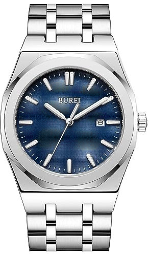BUREI Uhren Herren Edelstahl Analog Armbanduhr Herren Wasserdicht Datum Herrenuhren Klassische Business Männer Quarzuhr Geschenke für Männer (Silber)
